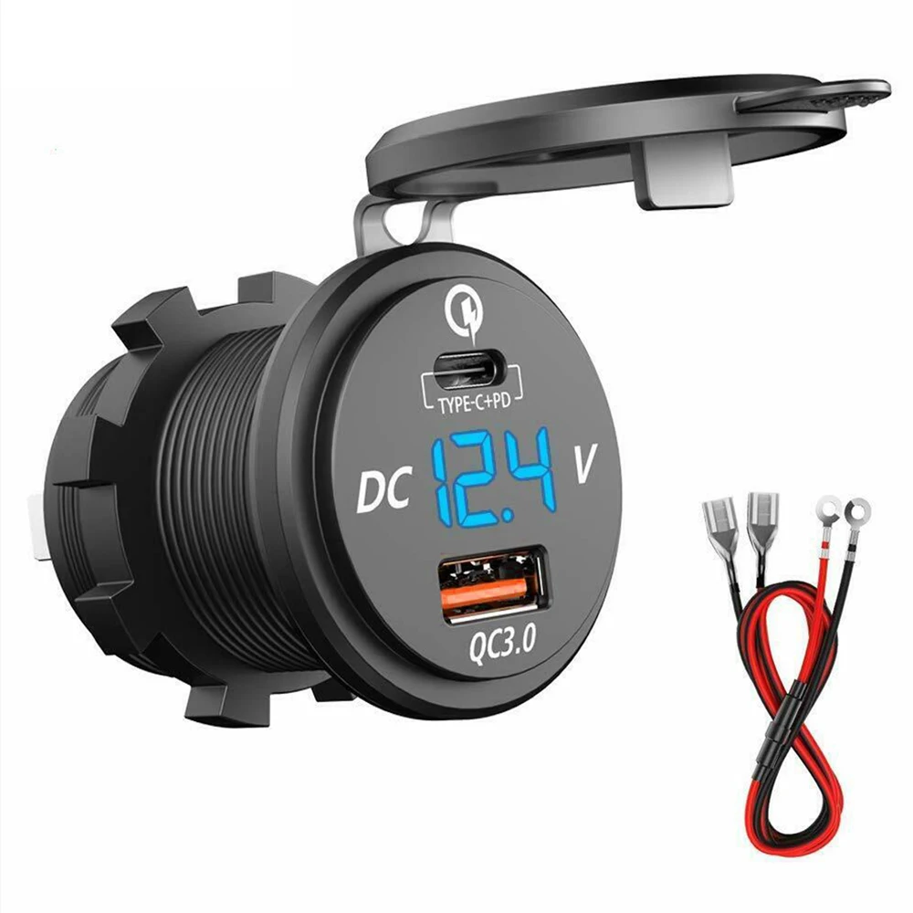 12V-24V Car Cigarette Lighter Motorcycle Dual USB Charger PD Quick Charge Chargers Socket Adapter With LED Voltmeter And Cable | Автомобили