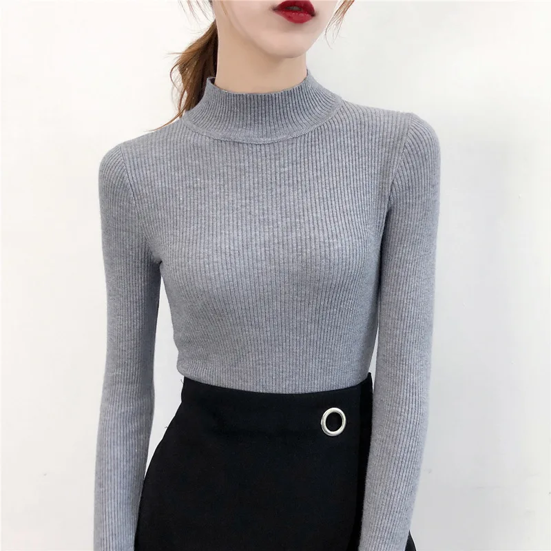 Осень зима женская простая Однотонная рубашка тонкий полувысокий воротник свитер Женская мода длинный рукав теплая вязаная одежда - Цвет: gray