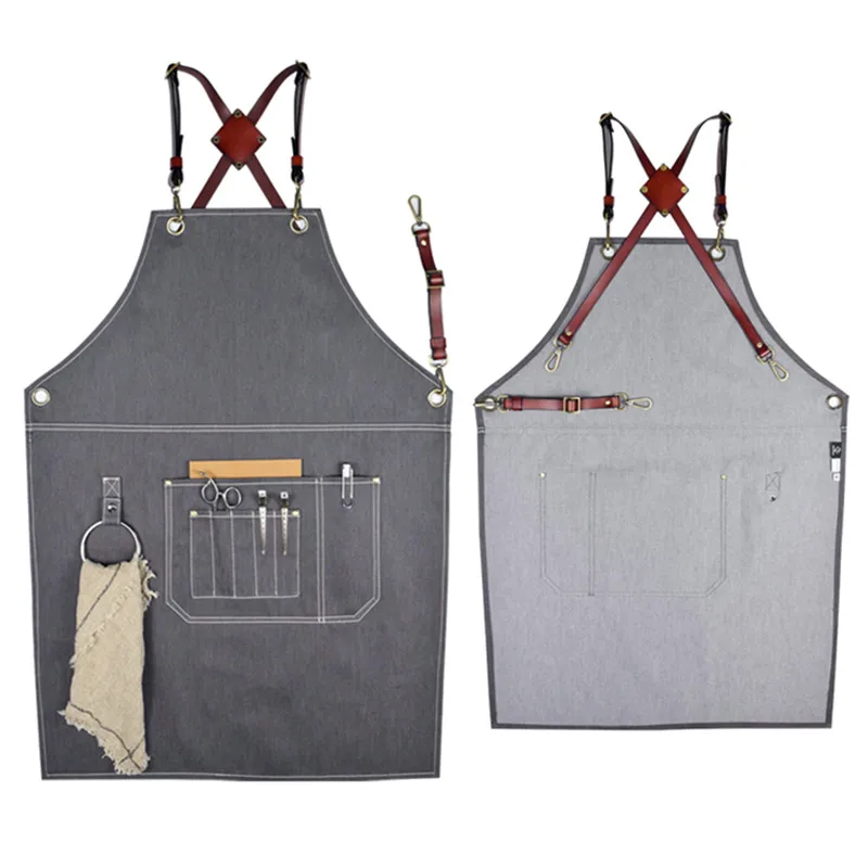 

Gray Denim Apron Cowhide Leather Strap Barber Hairdresser Florist Manicure Work Wear Barista Bartender Pastry Chef Uniform K21