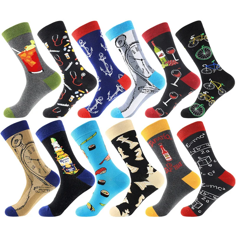 

2020 Spring Men's Funny Socks Personality Cartoon Clock Wine Formula Cola Chess Pattern Breathable Socks Size 38-46