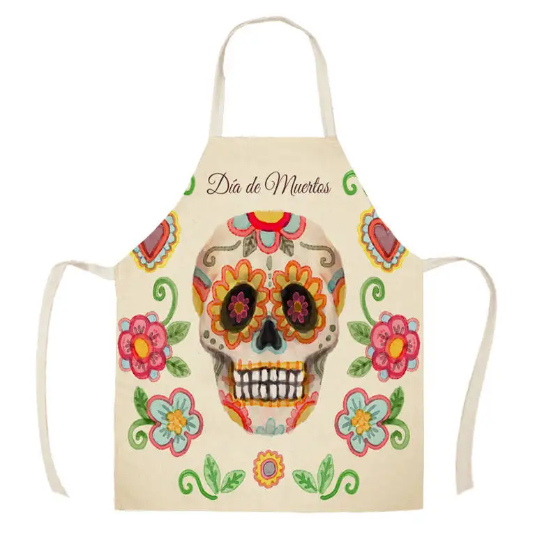 Women Kitchen Apron Cotton Linen Halloween Skull Design Sleeveless Chef Cooking Aprons Kitchen accessories WQ1698