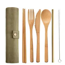 Портативная бамбуковая соломка набор столовых приборов 6 шт. вилка ложка нож набор посуды бамбуковая посуда с сумкой многоразовые дорожные столовые приборы