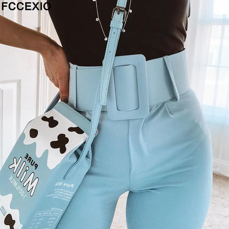 

FCCEXIO Casual Pants High Waist Belted Pencil Ankle-Length Slacks Office Lady Suit Pants Women Trousers Blue Elegant Slim