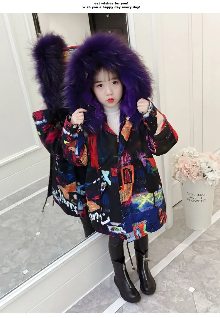 

New winter Korean style long graffiti print rabbit fur hooded big pocket thick jacket outwear with real fur collar for girls