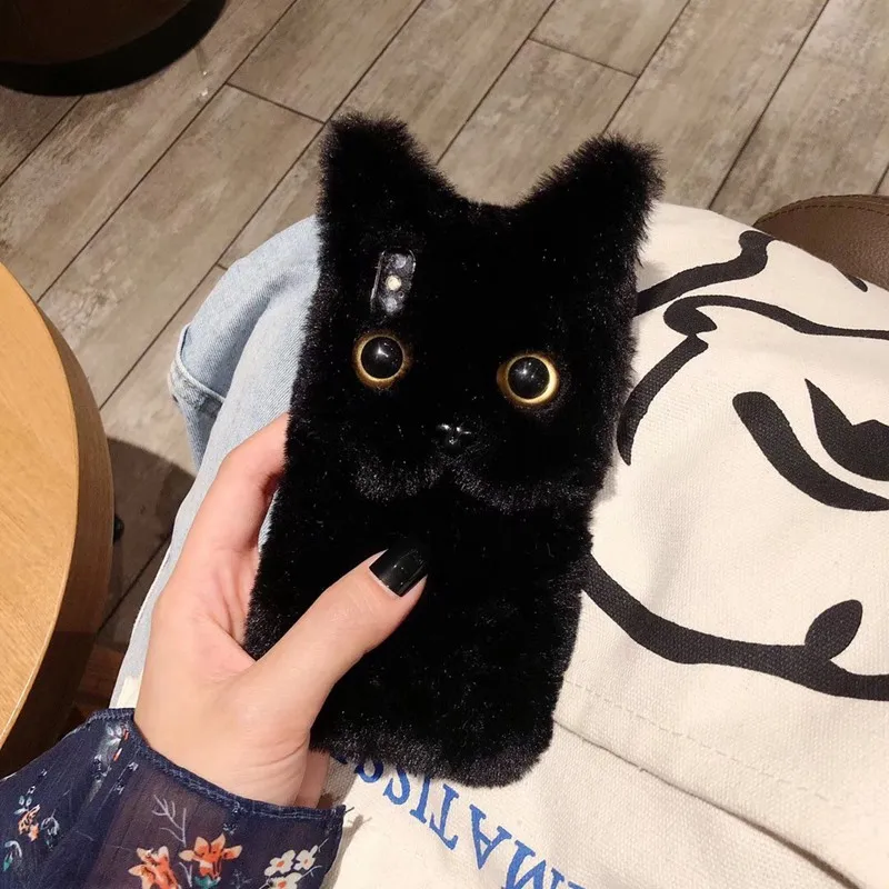 Tfshining Winter Plush Cute Cat Phone Case For Apple iphone X XS Max XR 8 7 6 6S Plus Soft Silicone TPU Full Hair Fur Case Coque (6)