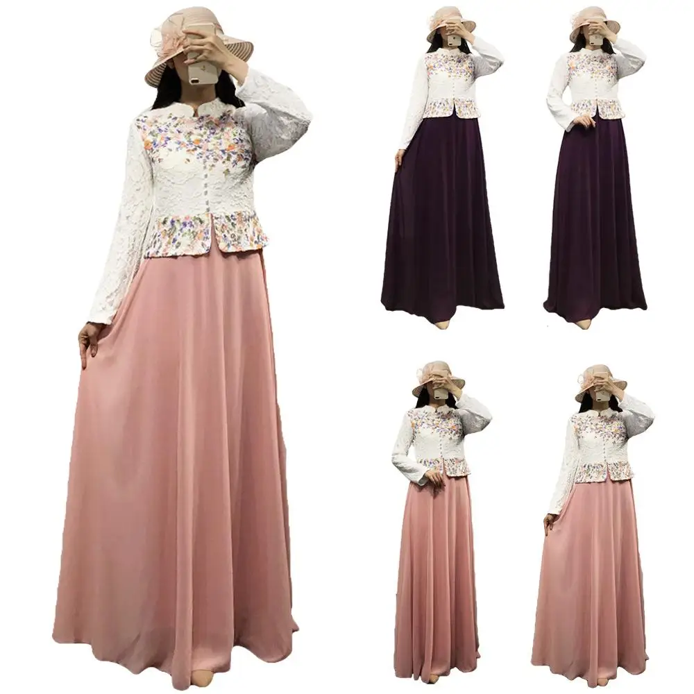 Мусульманские женские кружевные топы с длинным рукавом + шифоновая юбка макси