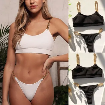 

2019 Hot Sexy Women Solid Chain Bathingwear High Quality Push-Up Padded Lengerie Thong Wire Free Female Daily Intimate Underwear