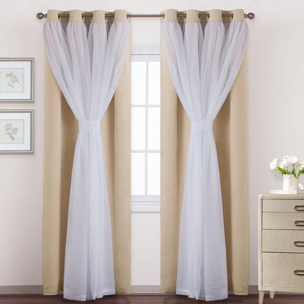 Beige NICETOWN белая прозрачная вуаль затемненная занавеска хромированное кольцо драпировка стиль мечты для гостиной 1 панель с 2 завязками сзади - Цвет: Beige