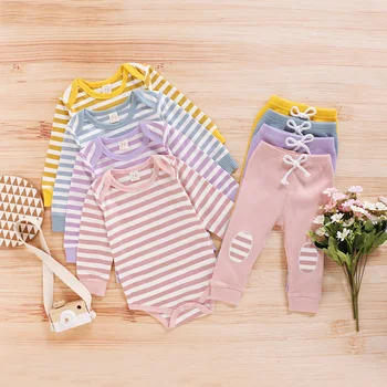 

Autumn Sweet Style Long Sleeve Round Collar Striped Romper + Long Pants Baby Girls Boys Outfit