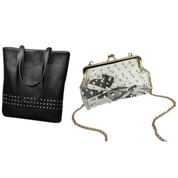

Women PU Leather Female Handbag Autumn Bag Causal Rivet Bag(Black) & Transparent Woman Crossbody Bag Ladies Totes Pearl