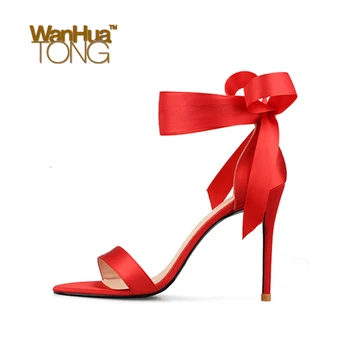 

Wanhuatong Woman Fashion Sweet Wedding Ribbon Tie Bowknot Open Toe Stiletto Heeled Sandals Size45