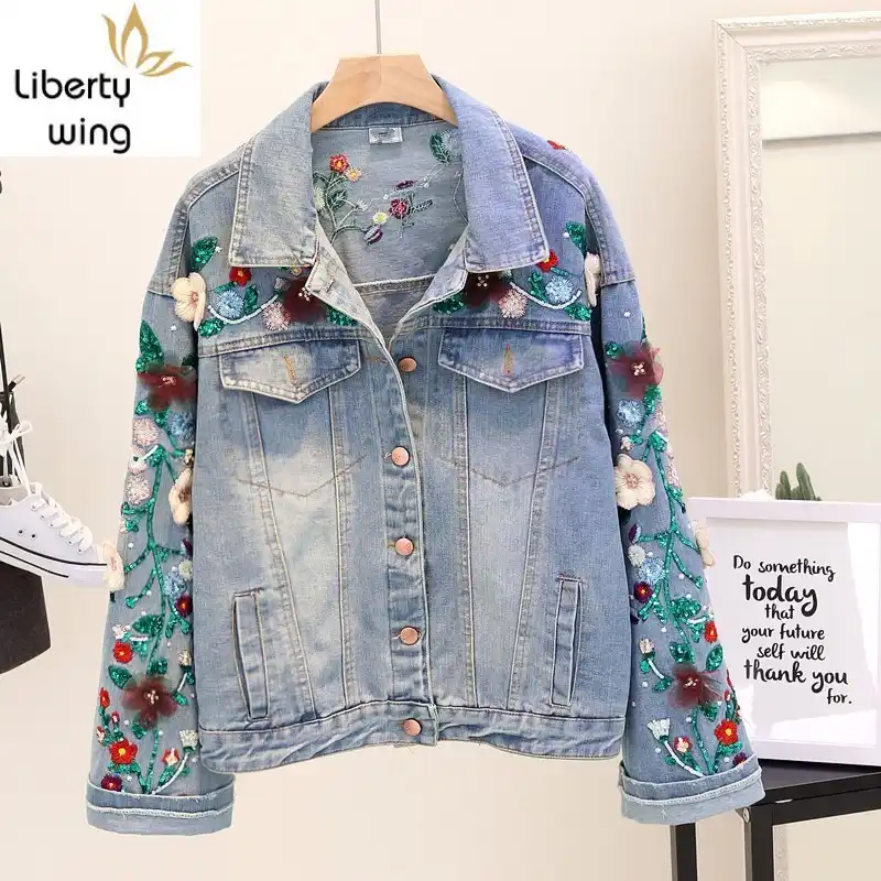Embroidered denim jacket womens Clearance