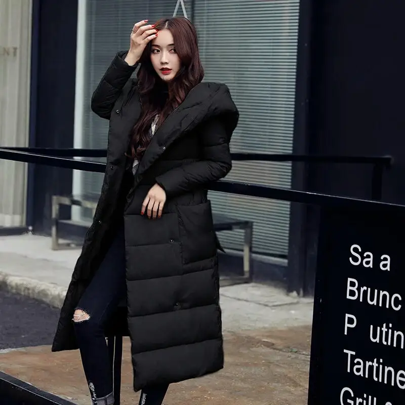 Пуховая хлопковая куртка, Женское пальто, парки, теплая утепленная длинная куртка для женщин, плюс размер, стеганая куртка с капюшоном, женская одежда, верхняя одежда Q1789 - Цвет: Black