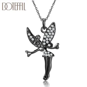 

DOTEFFIL 925 Sterling Silver/Rose Gold/Black Angel 18 Inch AAA Zircon Necklace For Women Fashion Wedding Party Charm Jewelry