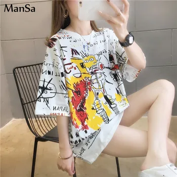 

summer Large size t shirt harajuku Japanese cartoon printed white Top Tees Women short Sleeve T-Shirts Casual Hip Hop Streetwear