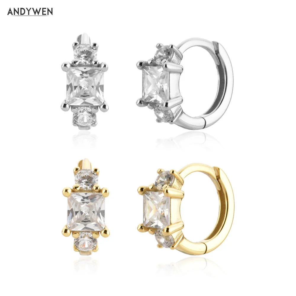 

ANDYWEN 925 Sterling Silver Gold 8.5mm Square Huggies Hoops Earring Huggies 2021 Women Wedding Classic Jewelry Round Jewels