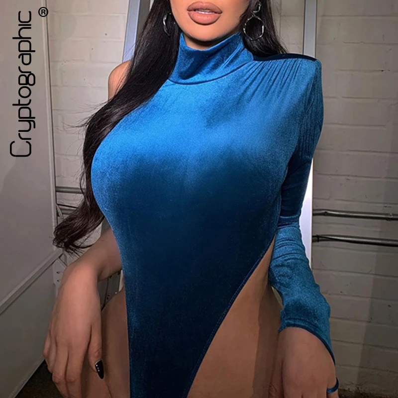 

Cryptographic Blue Velvet Turtleneck Sexy Bodysuit Party Clubwear One Shoulder Romper Womens Jumpsuit Slim Fashion Female Body