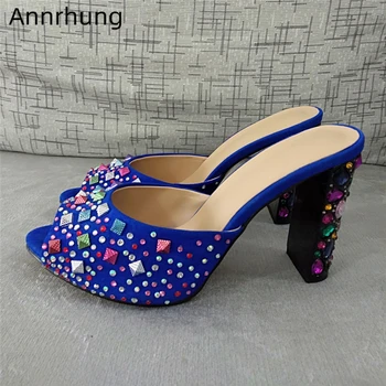 

Colorful Rivet Slippers Women Blue Suede High Heels Sexy Peep Toe Crystal Jeweled Heel Rhinestone Decor Shoes Woman