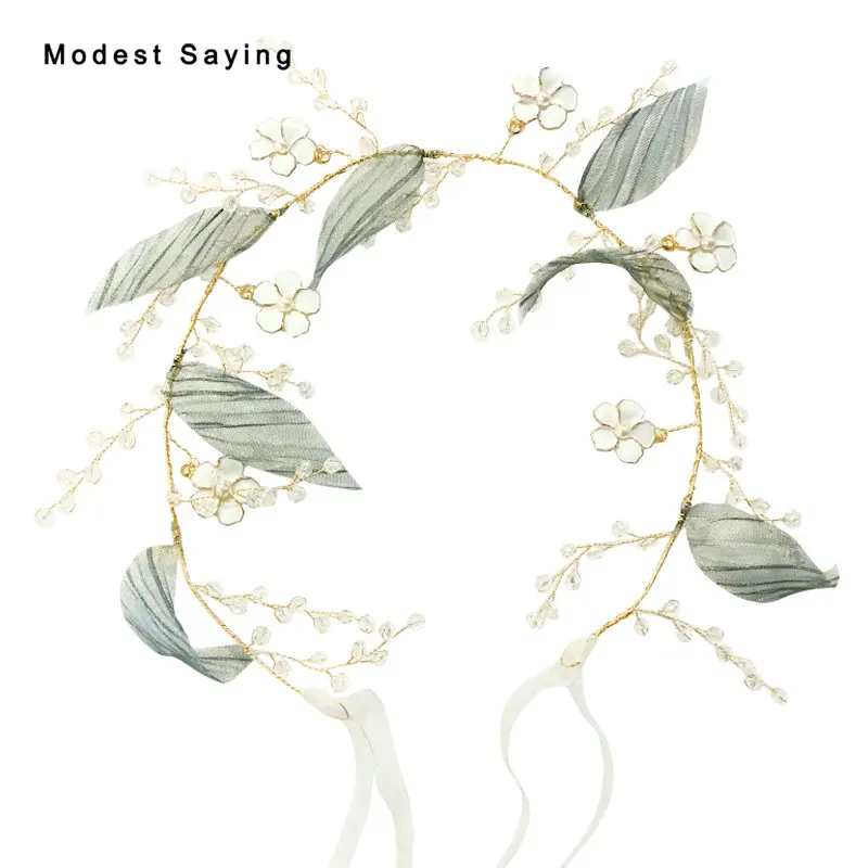 Gold Leaves Wedding Headband Crystal Bridal Headwear with Ribbons Bridal Wreath Ornaments Wedding Accessories Headpiece