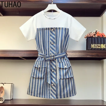 

TUHAO 2020 Summer Casual Office Lady Striped Dress Large Size 4XL 3XL Women's Patchwork Dress OL Woman Clothing Dresses WM106