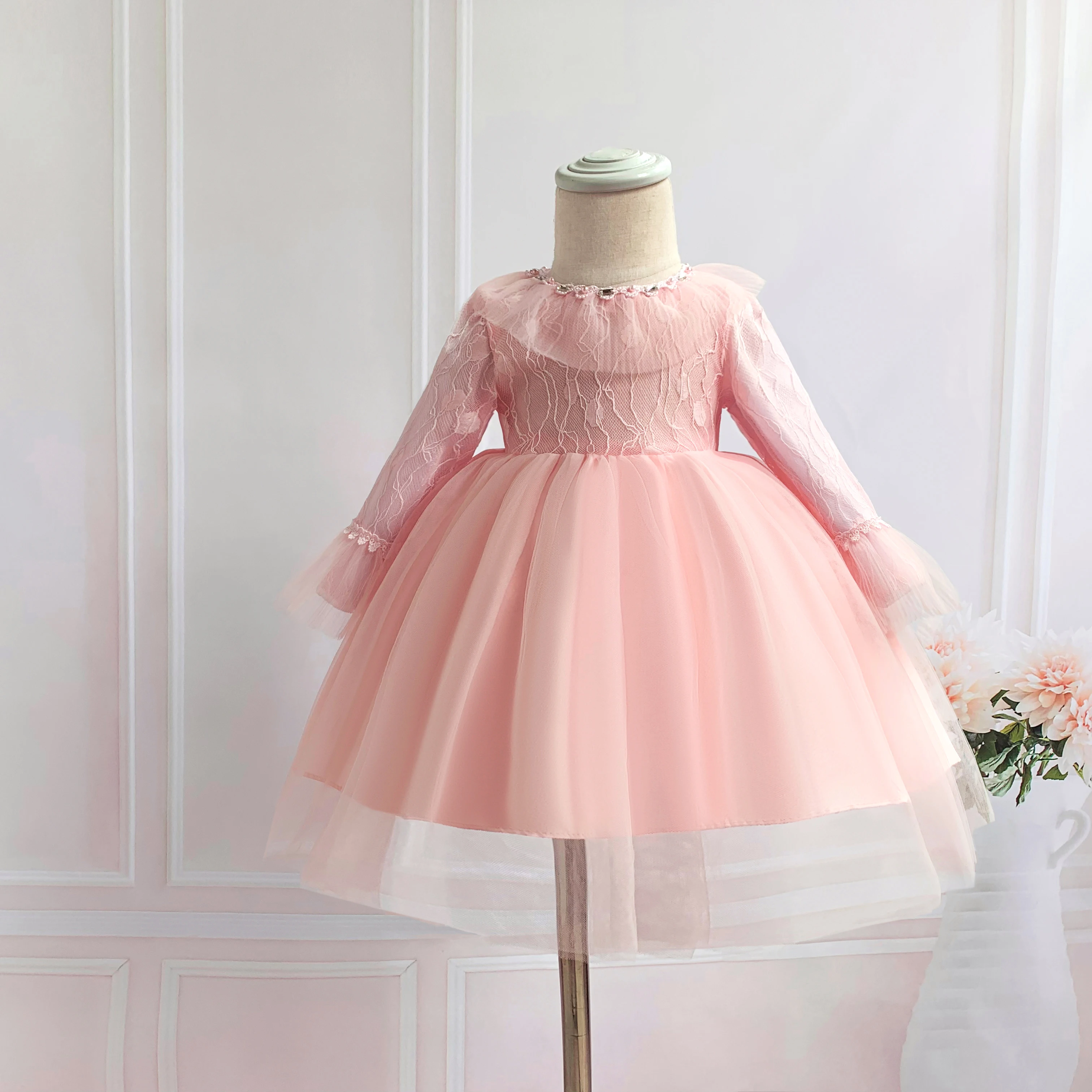 Платья для маленьких девочек Розовое Кружевное платье принцессы с длинными рукавами для крещения, платье для первого дня рождения, вечерние платья для крещения новорожденных девочек