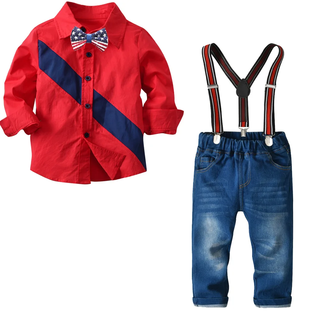 

2019 BOY'S Autumn Pure Cotton Long-sleeved Shirt Stretch Denim Trousers Set CHILDREN'S Four-piece Bedding Set a Generation of Fa