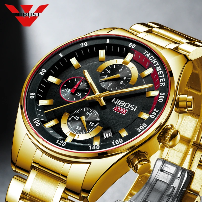 NIBOSI Gold Men's Watches Military Luxury Brand Watch Mens Quartz Stainless Clock Fashion Chronograph Watch Relogio Masculino