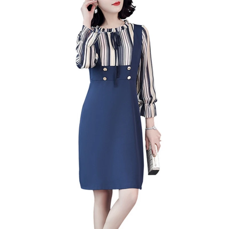 Осенне-зимнее женское платье с длинным рукавом, элегантное платье с принтом полоска, офисное женское платье средней длины, большие размеры, Поддельные 2 предмета - Цвет: Синий