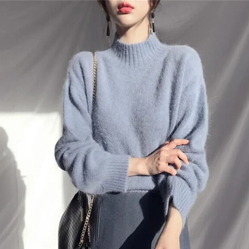 BGTEEVER, корейские женские свитера со стоячим воротником, однотонные женские мягкие вязанные пуловеры, женские свободные Теплые Топы, джемперы, зима - Цвет: blue