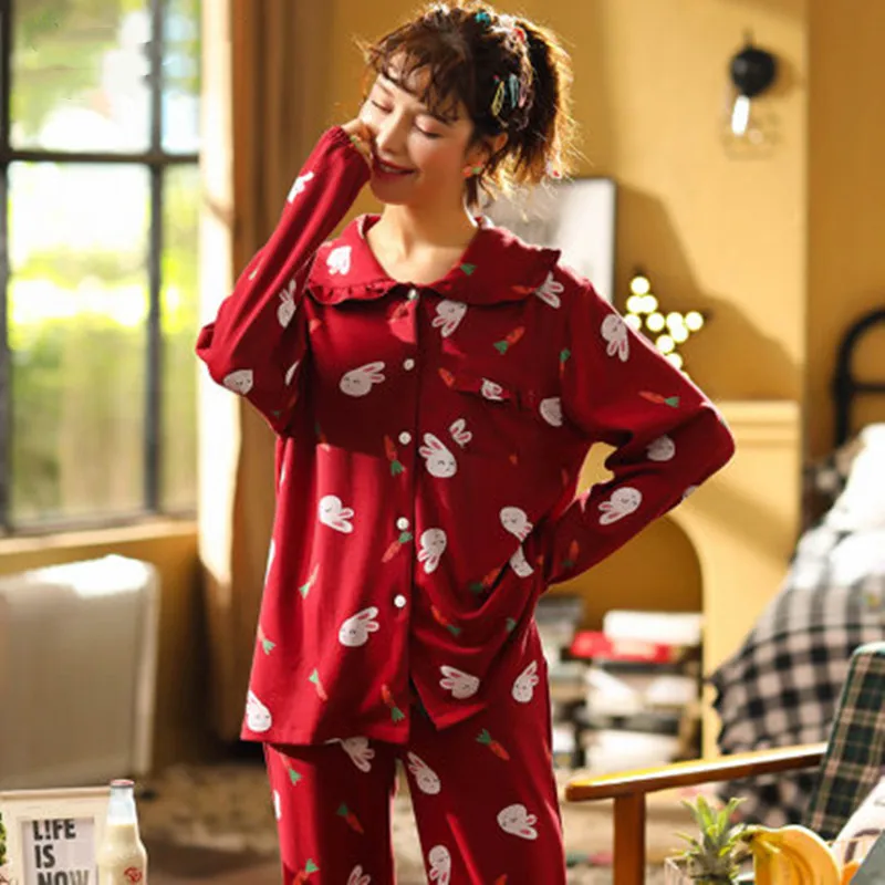 Spring and autumn cotton pajamas women's long sleeves Korean wedding autumn and winter home clothes women's fashion red set tren