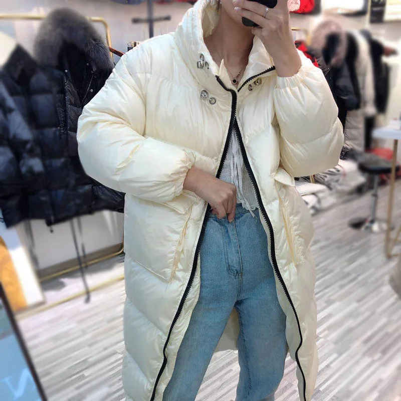 Женский пуховик, стиль, корейский стиль, Зимняя мода, свободное, средней длины, повседневное, выше колена, белое, утиный пух, теплое пальто