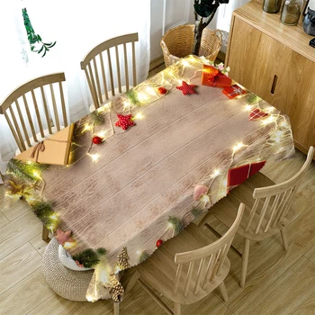 

3d Christmas Tablecloth Imitation Wood Grain Light Post and Bell Pattern Rectangular/Round Table Cloth Cover Towel