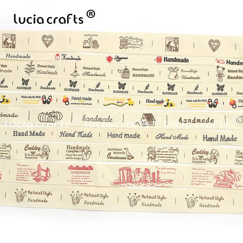 Lucia ремесла мульти размер "Hand made" дизайн печатных хлопчатобумажные ленты Ткань DIY отделка Швейные этикетки ручной работы аксессуары Q0401