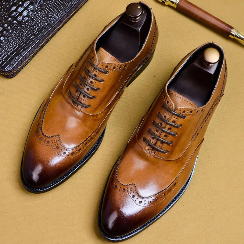 

2019 New Men's Brogue Dress Shoes Excellent Quality Pointed Genuine Leather Breathable Formal Shoes Men Wedding Oxford Shoes