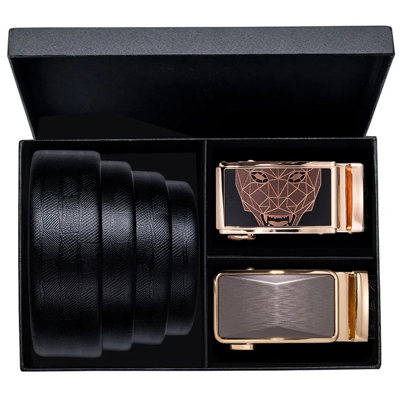 Hi-Tie Подарочная коробка, ремень, мужские ремни из натуральной кожи, автоматическая пряжка, роскошный ремень, ковбойский джинсовый ремень, мужской деловой кожаный черный ремень - Цвет: 2155-2162-DE-A