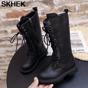 

SKHEK kids Martin Boots Girls shoes Cool Fashion Knee-high boots quality leather Waterproof Warming Short Plush boots