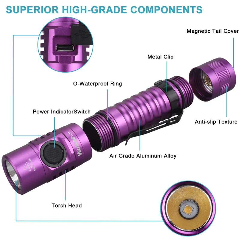 Wurkkos fc11戦術懐中電灯,18650 LED,1300lm,lh351d,ミニ