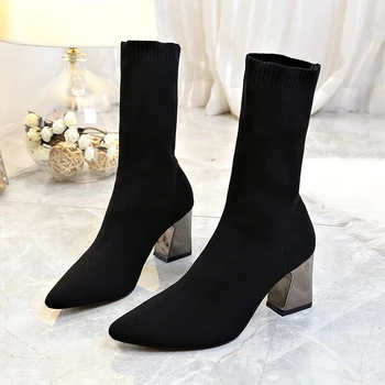 Aphixta Metal Color 7cm Square Heels Socks Boots Women Big Size 43 Stretch Fabric Elastic Pointed Toe Shoes Ankle Boot Woman 3