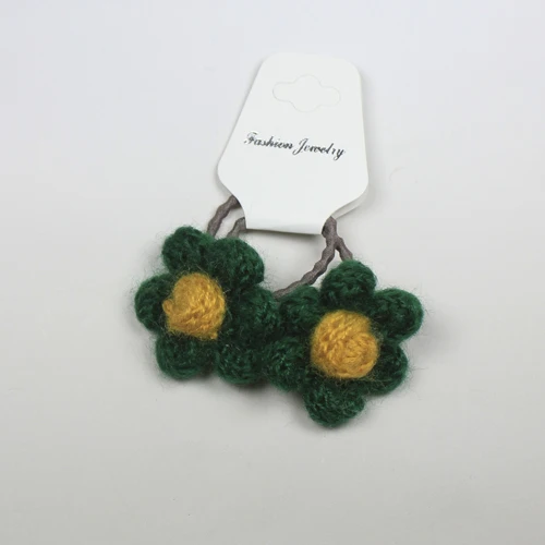 Green Flower 2 шт./партия, зимний детский вязаный цветок, пушистые круглые помпоны для волос, помпон для волос, резинки для волос, конский хвост, держатель HB038 - Цвет: Green Flower