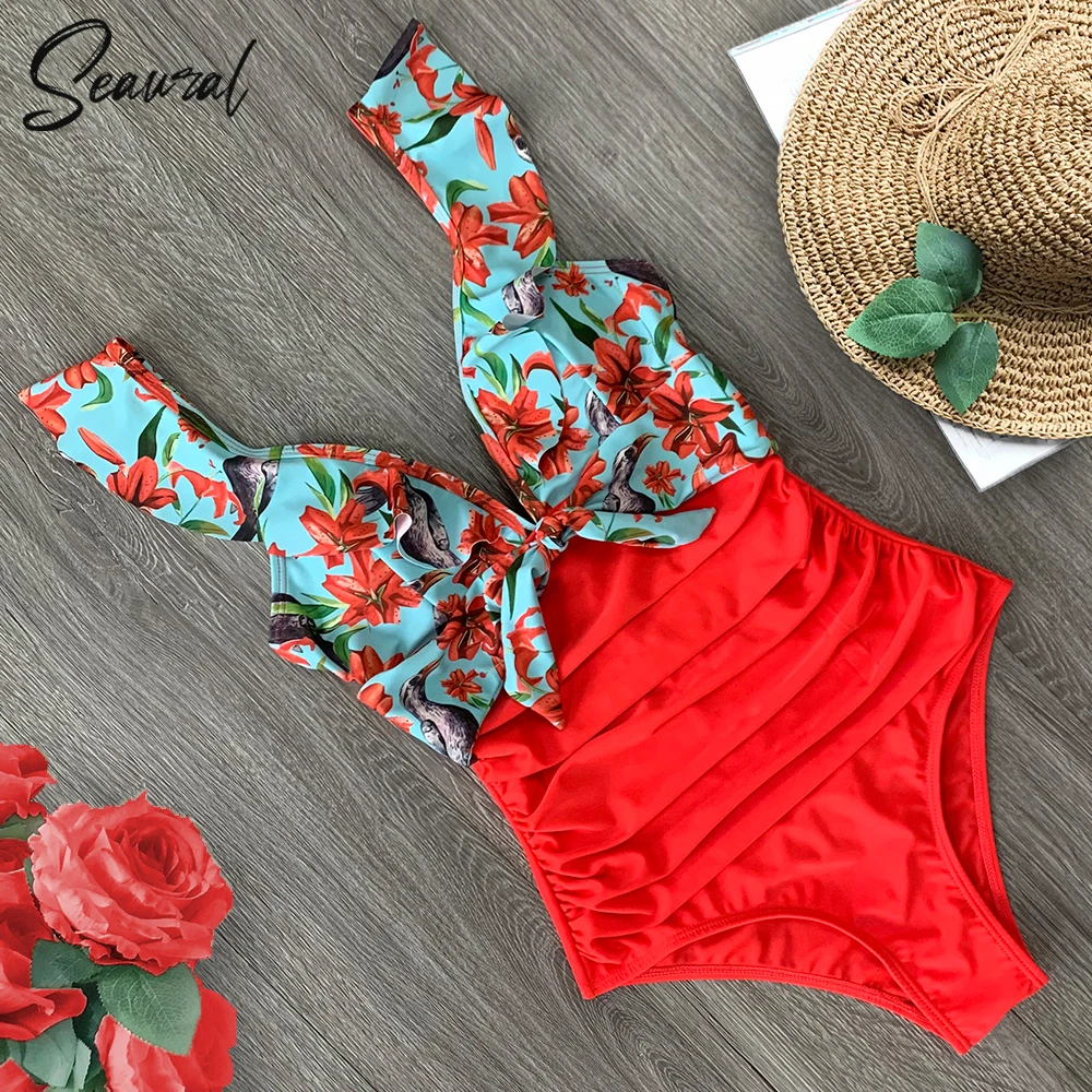One-Piece Swimsuit Bathing-Suits Beach-Wear Ruffle The-Shoulder Sexy New Off Women Deep-V