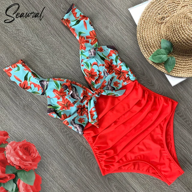 2020 Sexy New Ruffle One Piece Swimsuit Off The Shoulder Swimwear Women Swimsuit Deep-V Bathing Suits Beach Wear Swim Suit 1