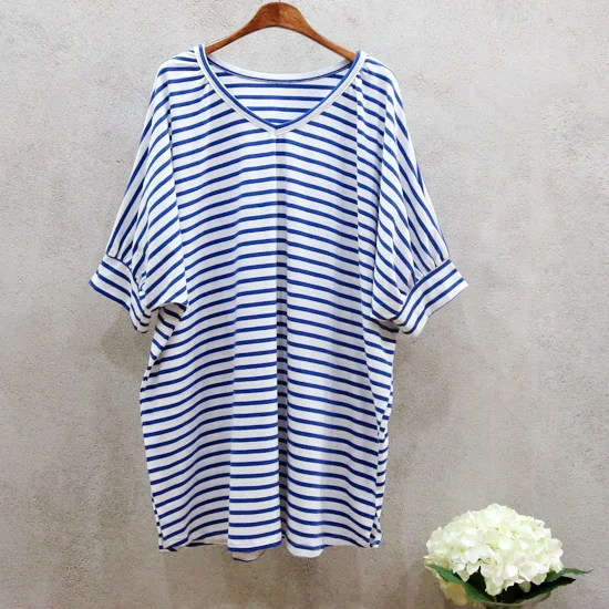 

2019 Rushed Tops Camisetas Summer New Navy Plus Large Size Women V-neck Loose Bat Sleeve Cotton Stripe T-shirts Striped Tee
