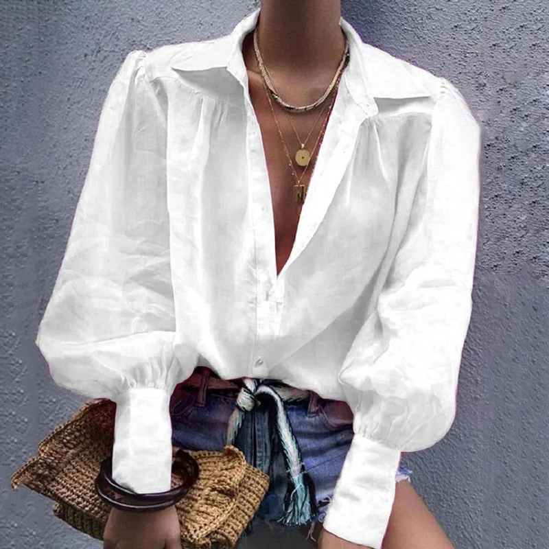 

Fall Women Casual Lantern Sleeve Blouse Notched Office Lady Button Loose Shirt Solid Lapel Pleated Long Sleeve Shirt
