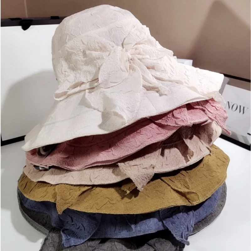New Women Big Bow Sun Hat Wide Brim Summer Panama Hats For Women Fashion Beach Bucket Hat Female Shade Sun Caps