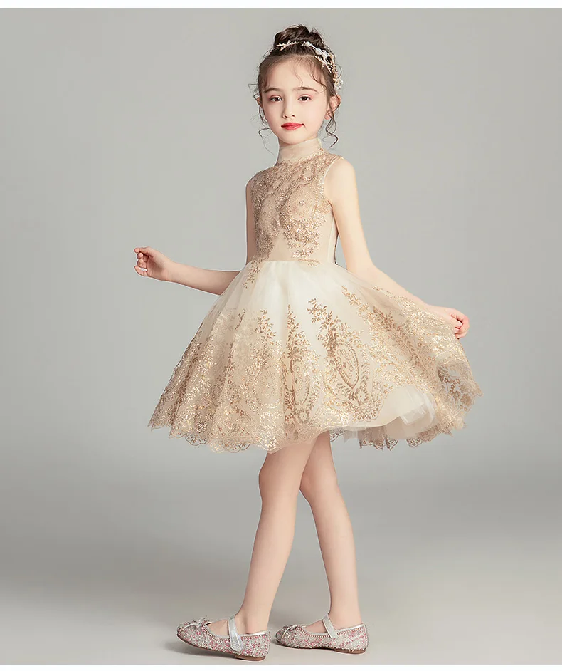 Children's Princess Dress Girl's Wedding Dresses Girl Sleeveless Evening Dress Gold Sequins Dress Baby Girl Baptism Pageant Gown