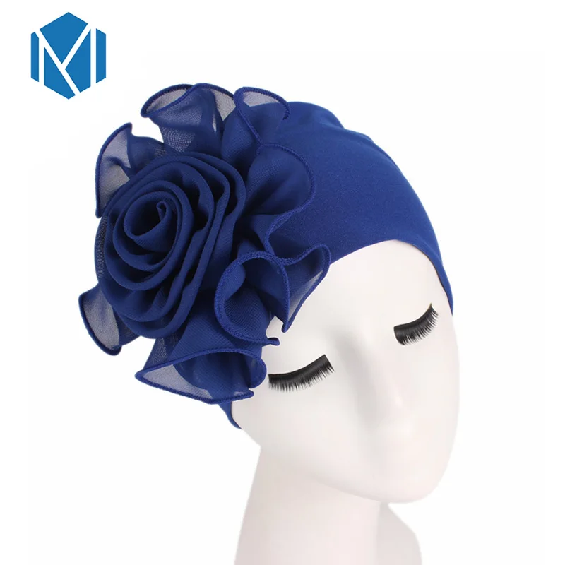 Женская 16 видов африканская шифоновая эластичная шляпа с большим цветком, шапка-тюрбан для девочек, мягкая шапка, аксессуары - Цвет: Dark Blue