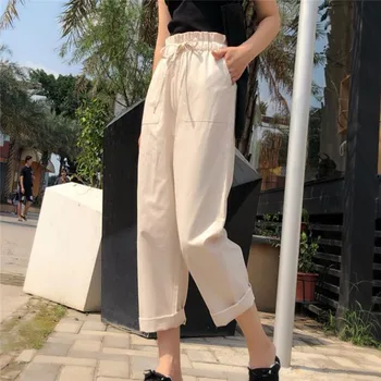 

Women Casual Long Thin section Trousers Spring summer sashes high Elastic Waist Pants Ankle Length Haren Pants