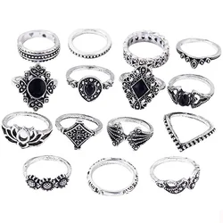 15Pcs Rings for Women Fashion Ring Set Vintage Mid Rings Flower Crown Hollow Out Joint Knuckle Nail Ring for Banque Party