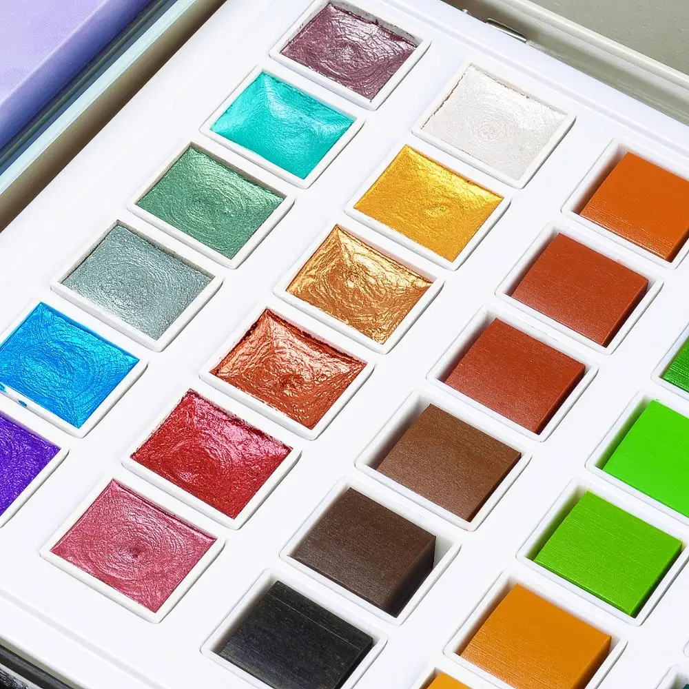 

36/48 Solid Pigment Watercolor Painting Set With Pearlescent Metallic Color Packed In Iron Box and Contains Brush Pencil Eraser