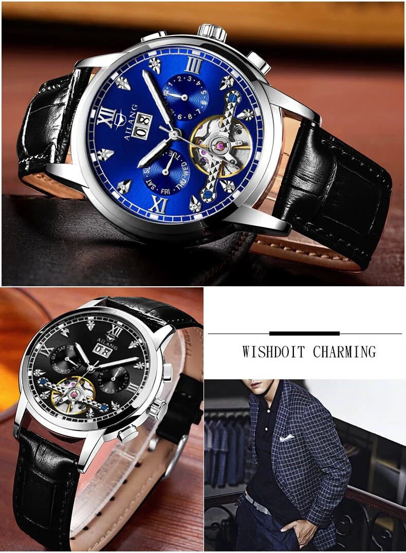 AILANG часы мужские люксовый бренд из нержавеющей стали Tourbillon несколько функций водонепроницаемые механические мужские часы